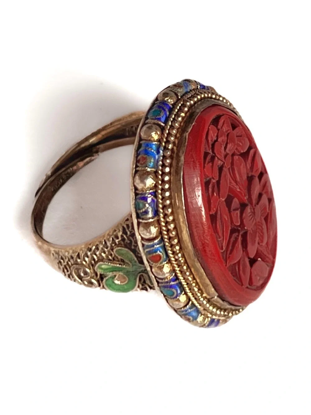 Antique Chinese Cinnabar Ring Carved Floral Silver Gold Gilt Enamel Adjustable